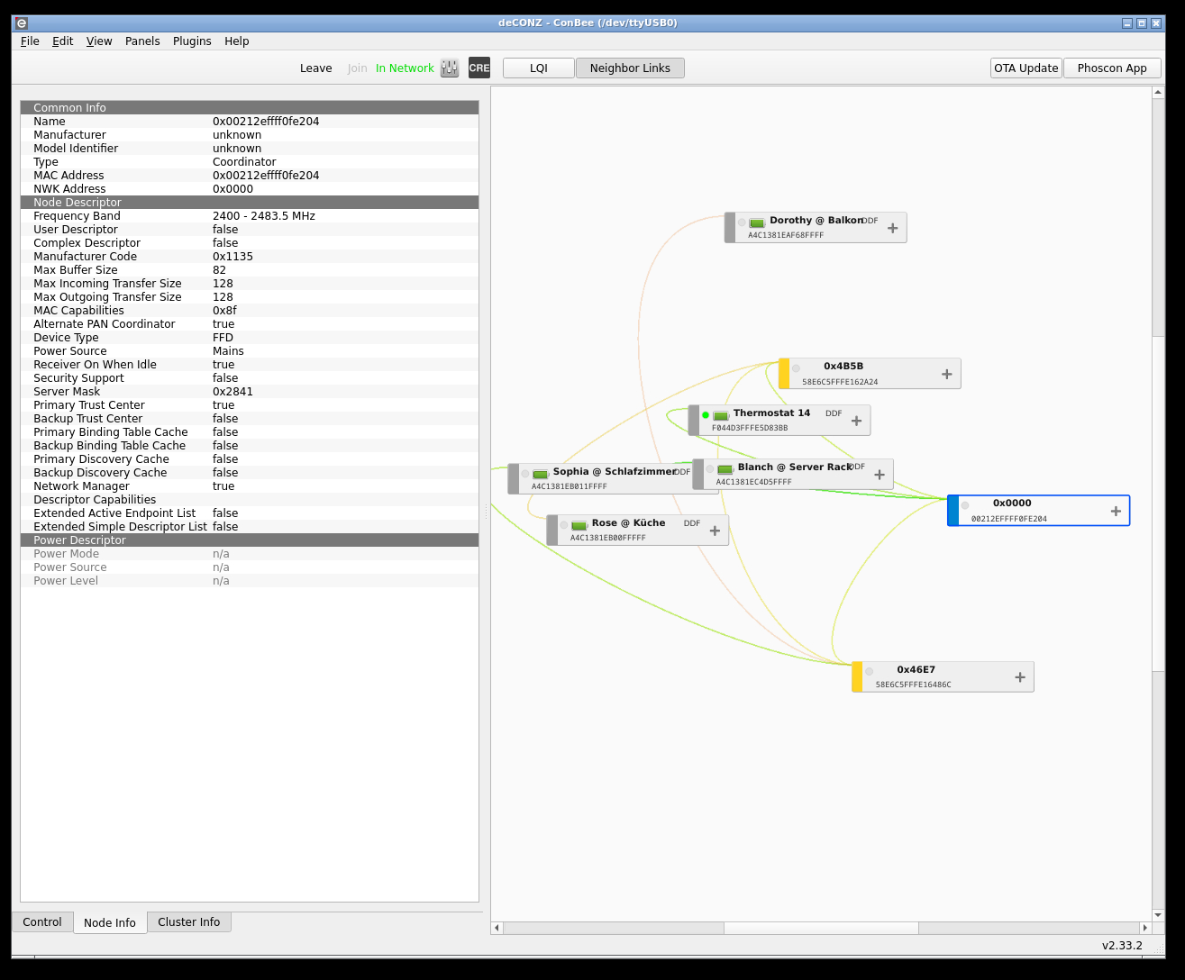 deCONZ GUI showing 1 coordinator, 2 routers and a couple of sensors