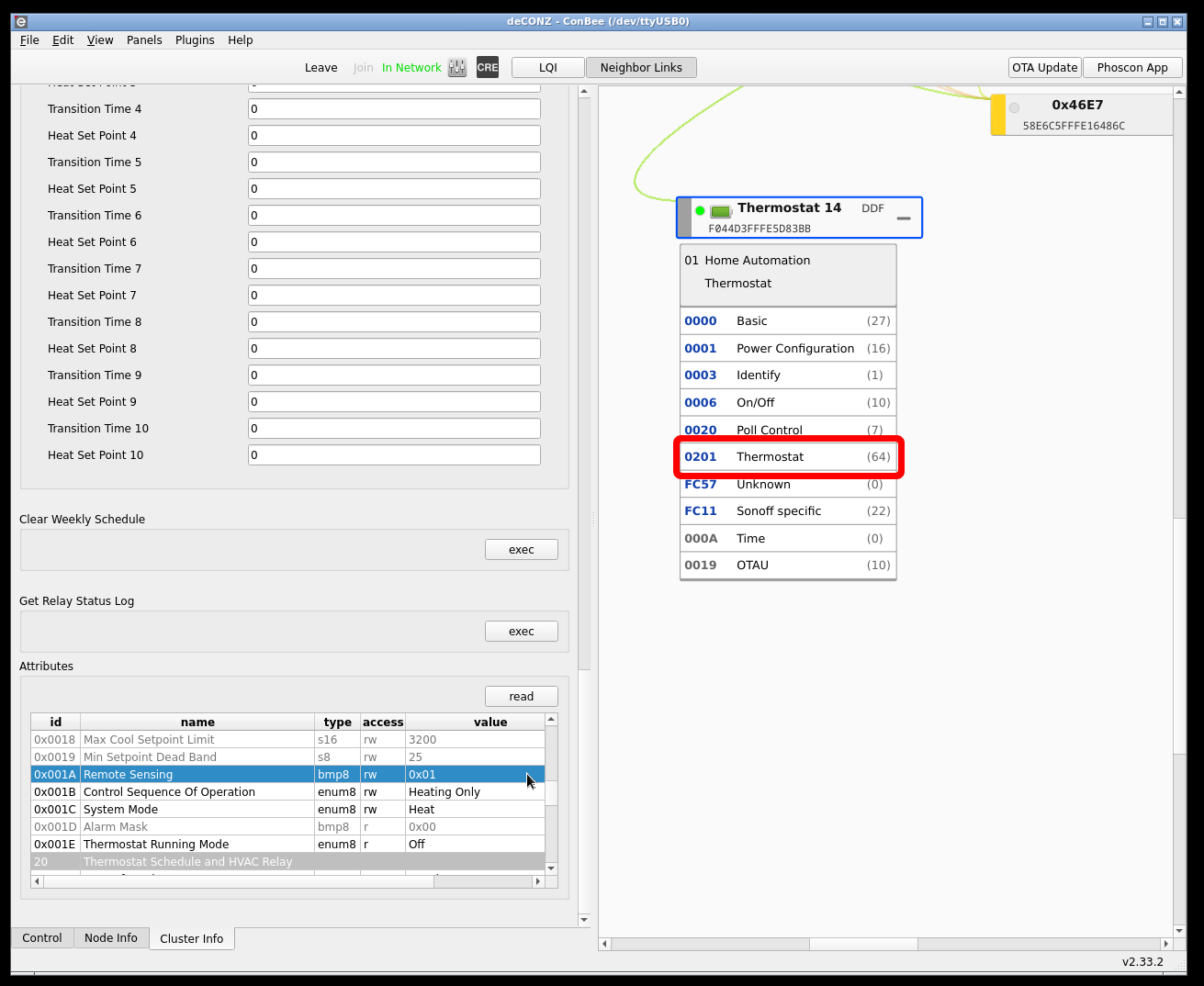 deCONZ GUI showing the Thermostat Cluster opened