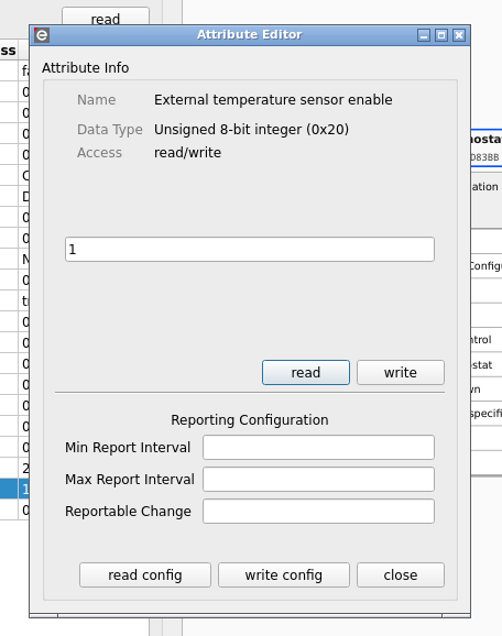 deCONZ GUI showing the input field for the Sensor enable flag