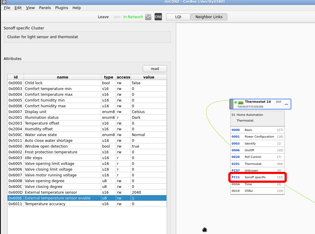 deCONZ GUI showing the Sonoff-specific Cluster opened
