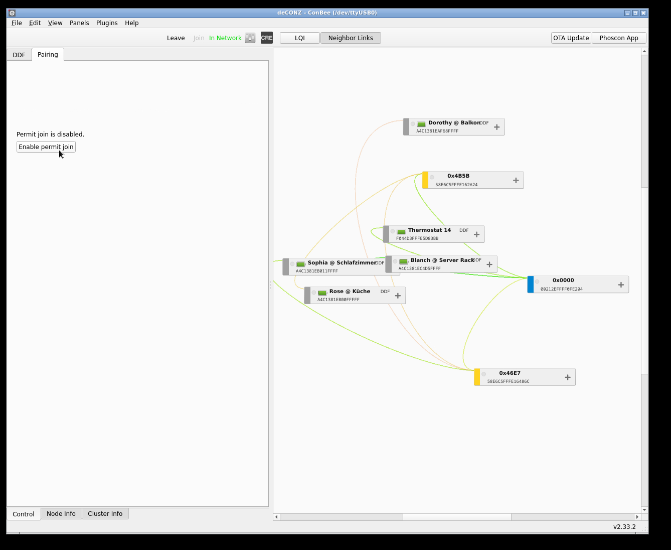 deCONZ GUI showing where to click to enable joining new devices