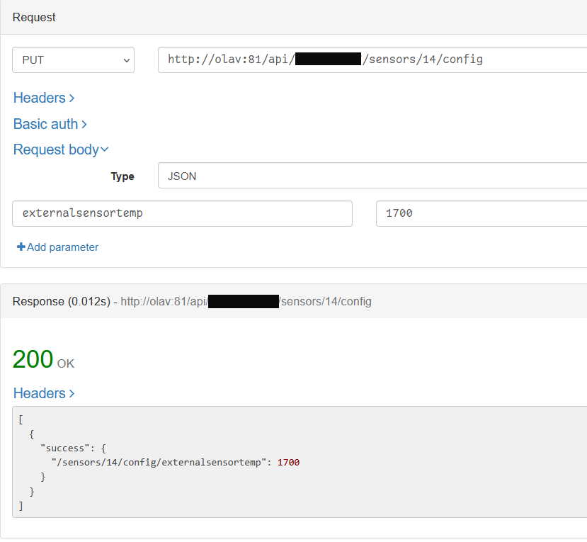Screenshot of a basic REST client showing how to form the request to send the external temperature