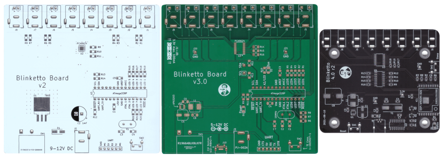 Pictures of the Blinketto PCBs v2, v3 and v4 to show their progression