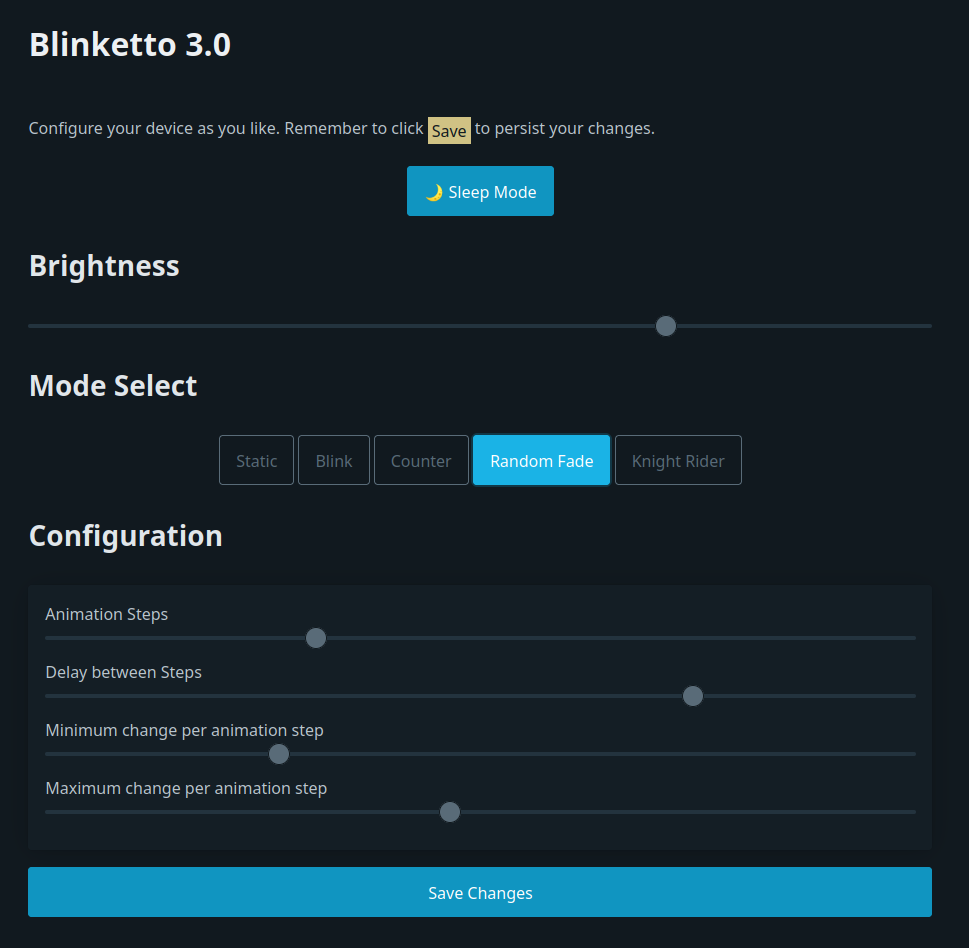 Screenshot of the Web UI, showing buttons to switch to different lighting patterns and sliders to configure various parameters like delays