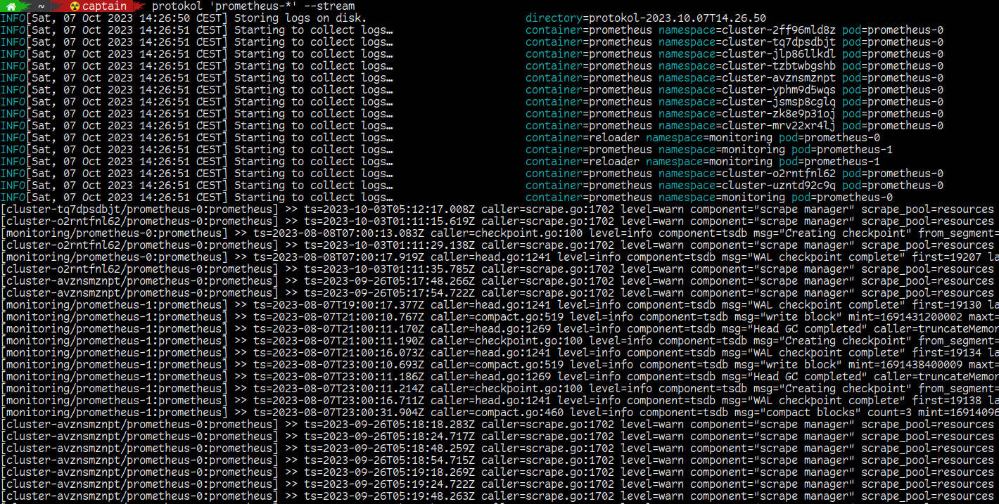 Terminal session showing how protokol multiplexes multiple Pod logs