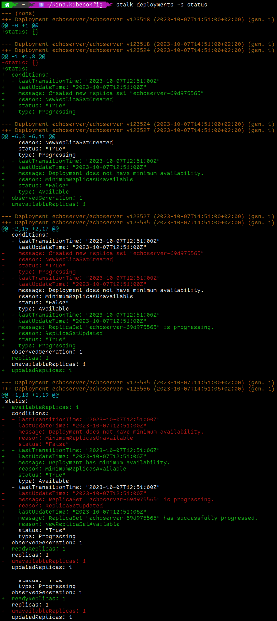 Terminal session showing a series of YAML diffs for the Deployment status